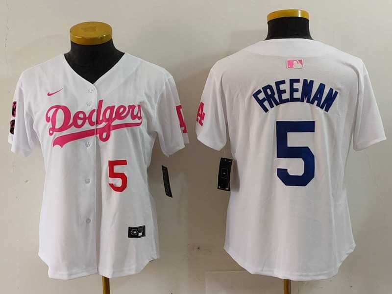 Womens Los Angeles Dodgers #5 Freddie Freeman White Pink With Patch Limited Stitched Jerseys